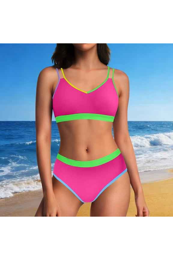 Women's Bikini Sets Double Straps V Neck Contrast Binding Two Piece Bathing Suits High Waisted Full Coverage Sporty Swimwear Pool Party