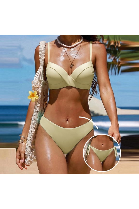 Women's Bikini Sets Halter Triangle Bikini Top Side Tie String Bikini Bottom Two Piece Swimsuits Ribbed Crinkle Shell Detail Bathing Suits Beachwear Built-in Padding