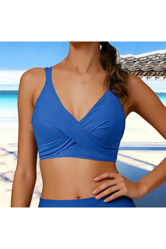 Women's Bikini Top Cross Front V Neck Bra Stretchy Push Up Two Piece Bathing Suit Top Only Adjustable Straps Athletic Swimwear with Padded Cups