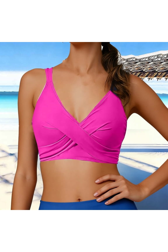 Women's Bikini Top Cross Front V Neck Bra Stretchy Push Up Two Piece Bathing Suit Top Only Adjustable Straps Athletic Swimwear with Padded Cups