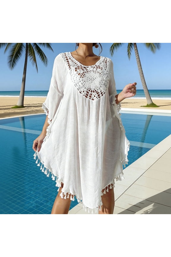 Women's Bohemian Crochet Knit Beach Dress V-Neck Tassel Hem Swim Cover Up Loose Fit Hollow Out Vacation Caftan Sunscreen Outfits