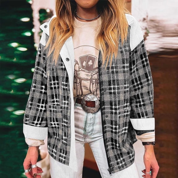 Xdegoge Women's Button Down Jackets Zip up Plaid Shackets Long Sleeve Flannel Jacket with Pockets Fashion Dressy Casual Outfits Western Sweatshirts Streetwear