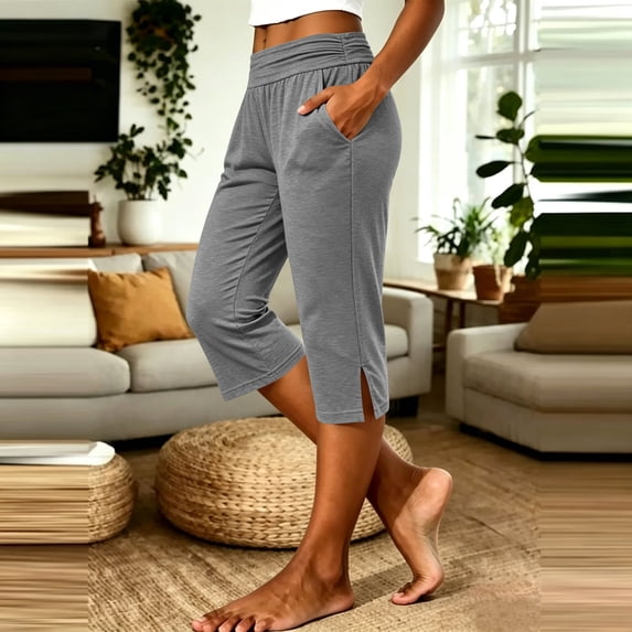 Xdegoge Women's Capri Workout Leggings High Waisted Tummy Control Running Gym Yoga Pants with Side Slit