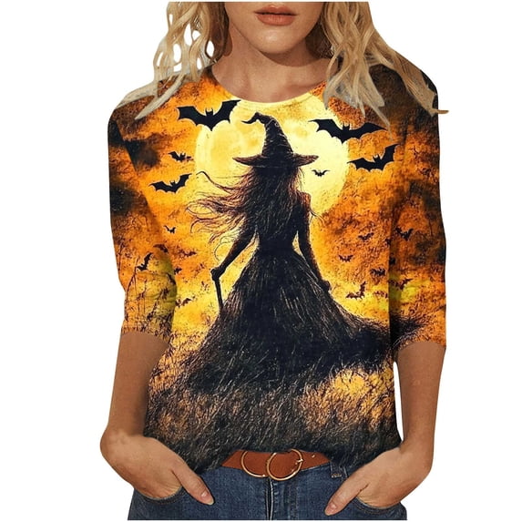 Xdegoge Women's Casual Fall Shirts Halloween Graphic Tops Crewneck 3/4 Sleeve Retro Witch Print Lightweight Pullover Tees Flattering Holiday Party Festival Clothing