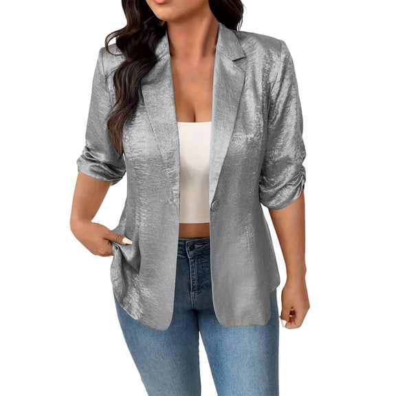 Xdegoge Women's Casual Open Front Blazer Jackets Ruched 3/4 Sleeve Lapel Work Office Cardigan Lightweight Shiny Metallic Coat for Party Club Night Out Wear
