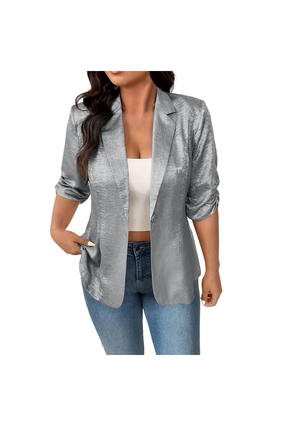 Women's Casual Open Front Blazer Jackets Ruched 3/4 Sleeve Lapel Work Office Cardigan Lightweight Shiny Metallic Coat for Party Club Night Out Wear