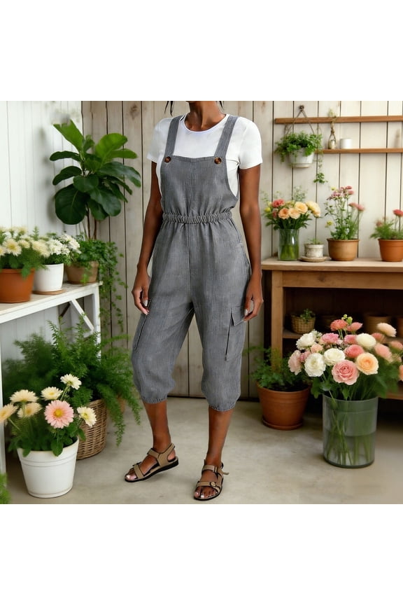 Women's Casual Rompers Sleeveless Adjustable Strap Overalls Knee Length Cargo Pants Outdoor Sports Streetwear with Pockets