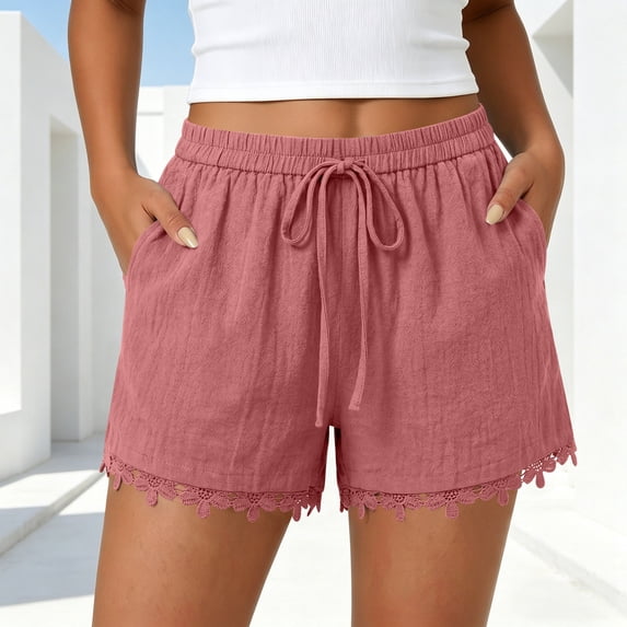 Xdegoge Women's Casual Summer Shorts Elastic High Waisted Drawstring Flowy Lounge Pants with Pockets Cute Lace Crochet Trim Lightweight Beach Vacation Everyday Wear