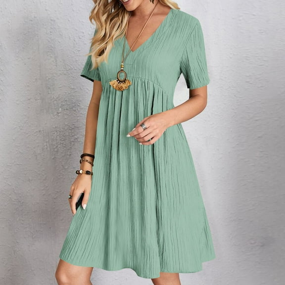 Summer Dresses for Women 2025 Vacation Short Sleeve V Neck Mini T Shirt Dress Smocked Pleated Ruffle Flowy Beach Sundresses A Line Flowy Sun Dresses Last Order Placed By Me Save for Later List