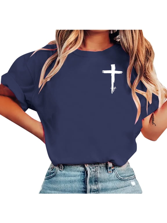 Women's Christian Cross Print T-Shirts Short Sleeve Crew Neck Graphic Tops Casual Soft Lightweight Breathable Rolled Cuff Tees for Summer Worship