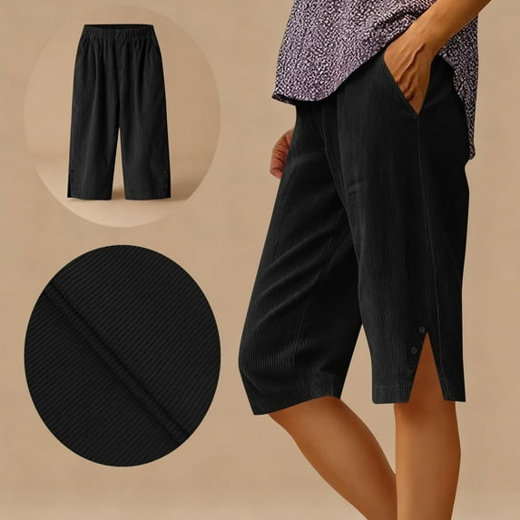 Xdegoge Women's Corduroy Capri Pants Elastic Waist Cropped Trousers Soft Ribbed Texture Casual Wear Vintage Style Summer Pants Relaxed Leg Daily Bottoms with Side Slits & Buttons