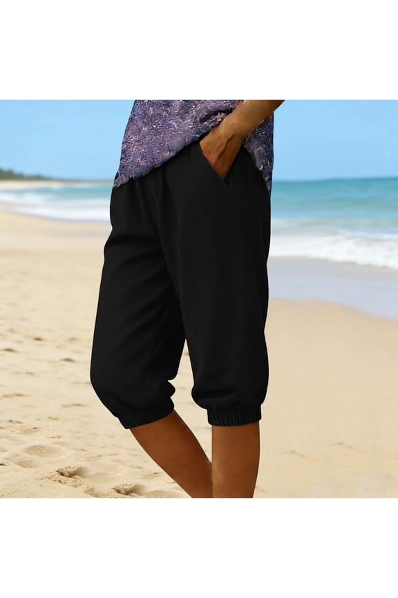 Women's Cropped Lantern Pants Casual Loose Harem Trousers with Pockets, Lightweight Summer Breathable Dailywear Relaxed Yoga Lounge Pant Solid Color Vacation Bottoms