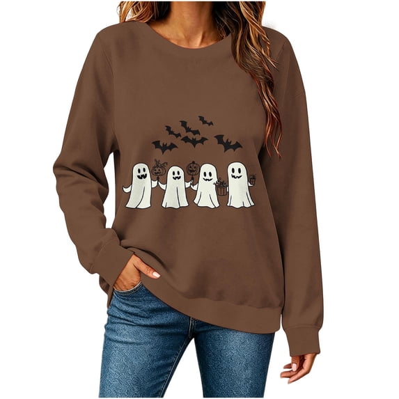 Xdegoge Women's Cute Ghost Halloween Sweatshirt Funny Graphic Print Long Sleeve Crewneck Pullover Fall Casual Tops Oversized Slouchy Shirts for Trick or Treat