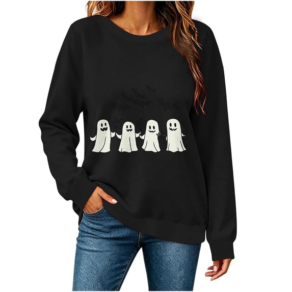 Xdegoge Women's Cute Ghost Halloween Sweatshirt Funny Graphic Print Long Sleeve Crewneck Pullover Fall Casual Tops Oversized Slouchy Shirts for Trick or Treat