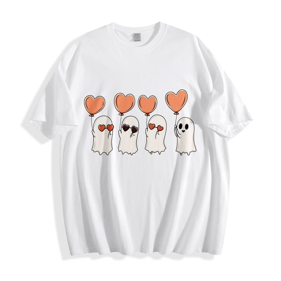 Xdegoge Women's Cute Ghost Heart Balloon Graphic Tee Casual Crewneck Short Sleeve T-Shirt Comfortable Flattering Top for Halloween Party Holiday Vacation Everyday Wear