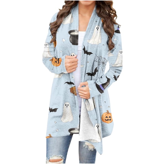 Xdegoge Women's Cute Ghost Print Cardigans Open Front Long Sleeve Draped Sweaters Alternative Lightweight Fall Coats Casual Halloween Apparel for Festive Parties