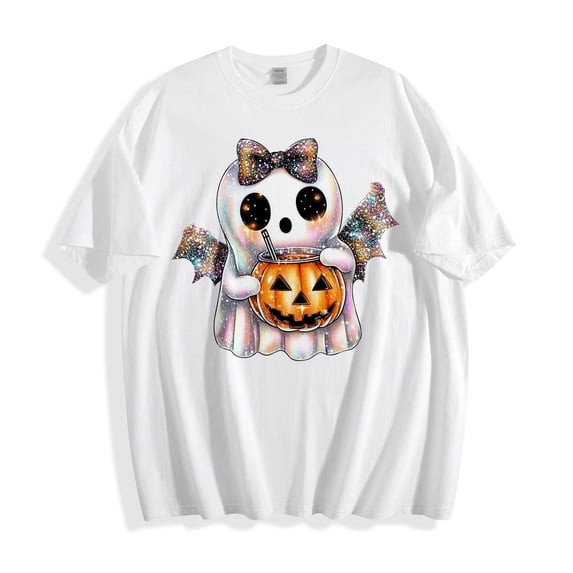 Xdegoge Women's Cute Sparkly Ghost Pumpkin Graphic Tees Halloween Short Sleeve Crewneck T-Shirt Casual Fall Holiday Party Tops Shirts Comfortable Loose Fit Novelty Blouse