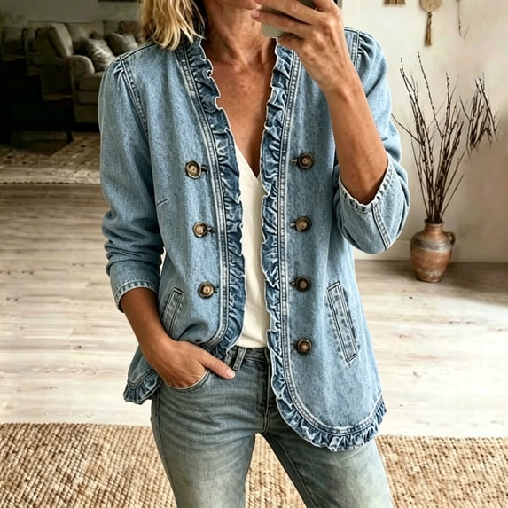 Xdegoge Women's Denim Jacket Ruffle Trim Long Puff Sleeve Vintage Wash Jean Coat Open Front Lightweight Cardigan Shacket Casual Spring Fall Fashion Outerwear Everyday Wear