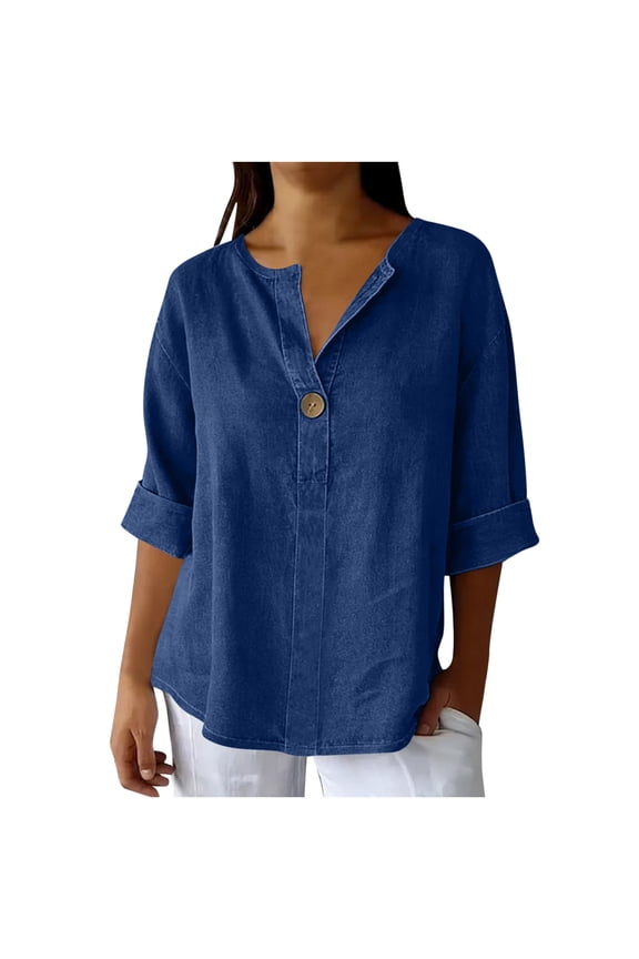 Women's Denim Style Button-Up Top with 3/4 Sleeve Rolled Cuffs Relaxed Fit Lightweight Cotton Blend Casual Shirt