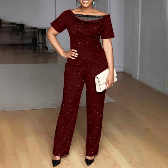 Xdegoge Women's Elegant Off-Shoulder Top and Long Pants Set, Sparkly Evening Party Outfit, Slim Fit Comfortable Stretch Jumpsuit for Cocktail Night and Events