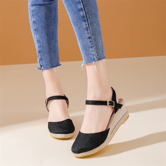Xdegoge Women's Espadrille Thick Sole Sandals Closed Round Toe Bow Knot Decor Ankle Strap Summer Cozy Walking Shoes Vacation Beach