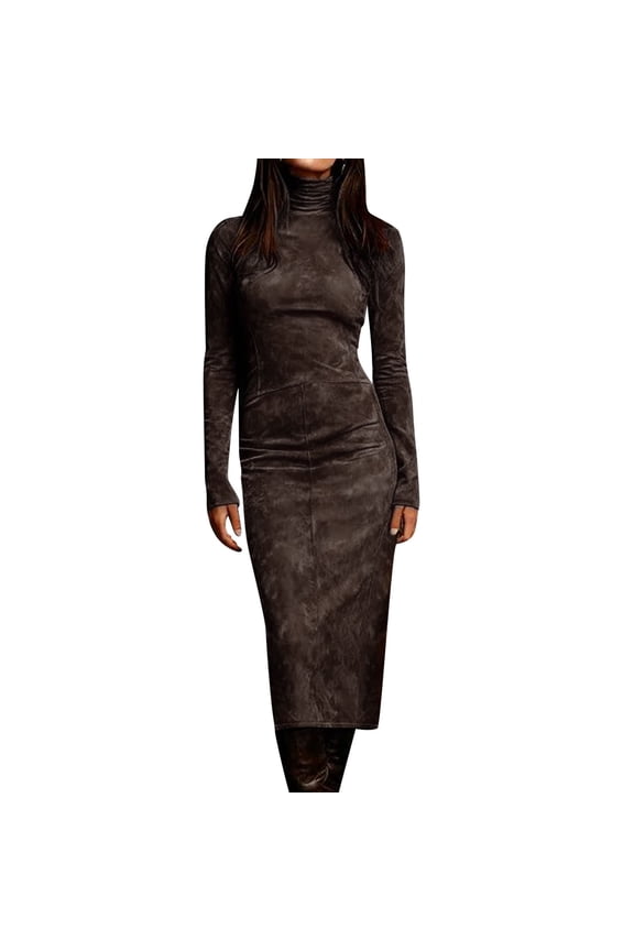 Women's Faux Suede Bodycon Midi Dresses Long Sleeve Mock Neck Slim Fit Pencil Dress Elegant Party Cocktail Evening Fall Winter Warm Sundress