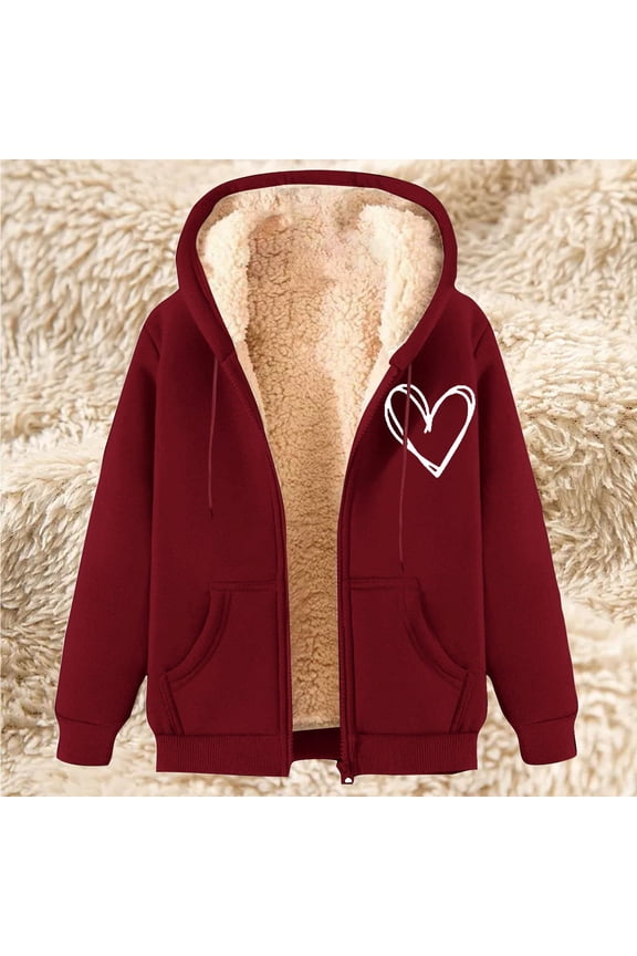 Women's Fleece Jacket Warm Sherpa Lined Loose Plus Size Heart Graphic Hoodies Thermal Long Sleeve Hooded Zip Up Coats Cold Weather Cozy Fuzzy Fall Fashion Clothes with Pockets
