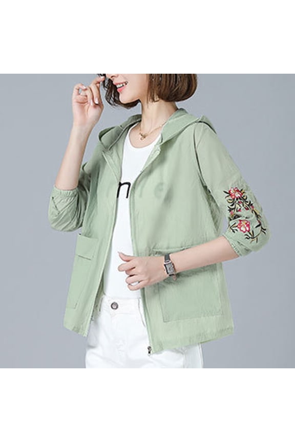 Women's Floral Embroidered Sun Protection Jacket 3/4 Sleeve Mesh Patchwork Zip Up Blouse Loose Casual Beach Smock Summer Travel Lounge Wear