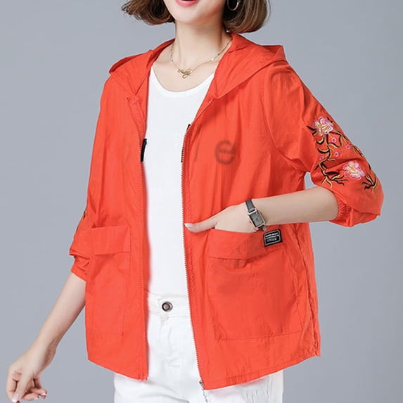 Xdegoge Women's Floral Embroidered Sun Protection Jacket 3/4 Sleeve Mesh Patchwork Zip Up Blouse Loose Casual Beach Smock Summer Travel Lounge Wear