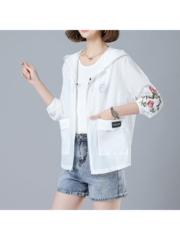 Women's Floral Embroidered Sun Protection Jacket 3/4 Sleeve Mesh Patchwork Zip Up Blouse Loose Casual Beach Smock Summer Travel Lounge Wear