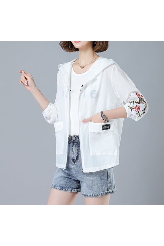 Women's Floral Embroidered Sun Protection Jacket 3/4 Sleeve Mesh Patchwork Zip Up Blouse Loose Casual Beach Smock Summer Travel Lounge Wear
