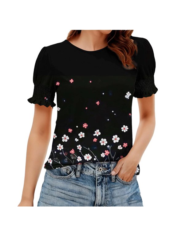 Women's Floral Print Short Sleeve Top with Puff Sleeves and Ruffles Rose Pattern Design Light Fabric Ideal for Spring and Summer Wear