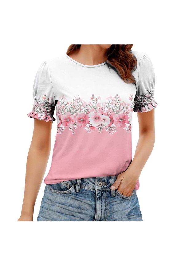 Women's Floral Print Short Sleeve Top with Puff Sleeves and Ruffles Rose Pattern Design Light Fabric Ideal for Spring and Summer Wear