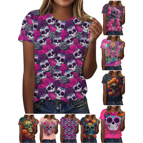 Xdegoge Women's Floral Sugar Skull T-Shirts Short Sleeve Crewneck Day Of The Dead Graphic Tees Casual Summer Novelty Tops Vintage Printed Tee Shirts