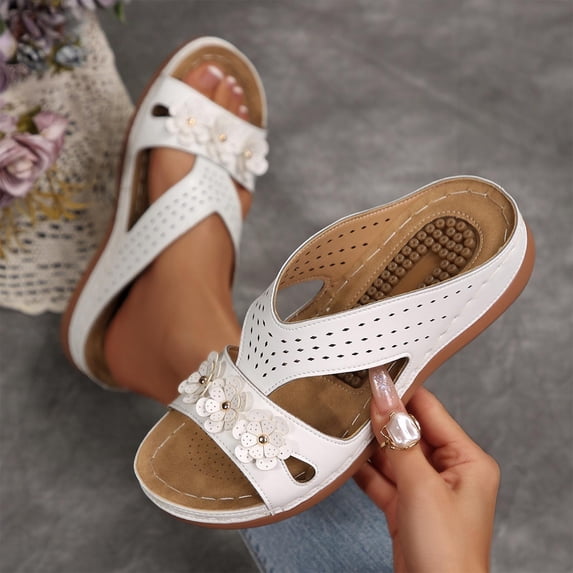 Xdegoge Women's Flower Wedge Sandals Thick Sole Hollow Out Breathable Summer Fashion Casual Shoes Low Heel Ankle Strap Gladiator Sandal