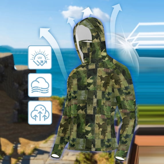 Xdegoge Women's Forest Terrain Camo Performance Fishing Hoodie UV Protection Long Sleeve Sun Shirt Moisture Wicking Athletic Tops Hunting Gear