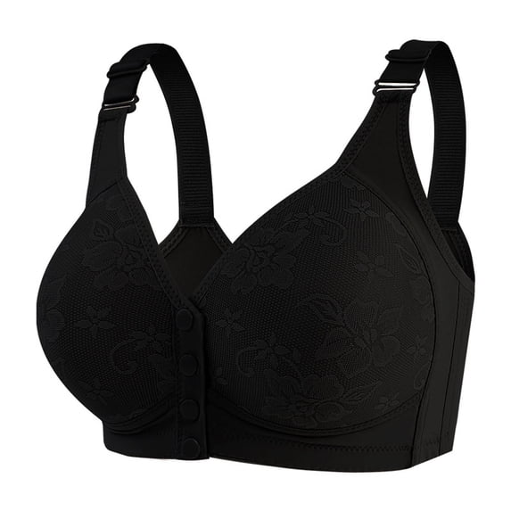 Xdegoge Women's Front Button Wireless Bra, Embossed Floral Pattern Wide Strap Bralette, Breathable Full Coverage Supportive Design for Daily Wear and Senior Ladies