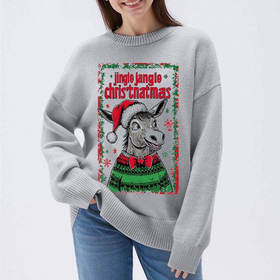 Xdegoge Women's Funny Christmas Sweater - Donkey Print Holiday Pullover Xmas Sweaters Festive Cozy Long Sleeve Crewneck Knit Tops for Winter Celebrations