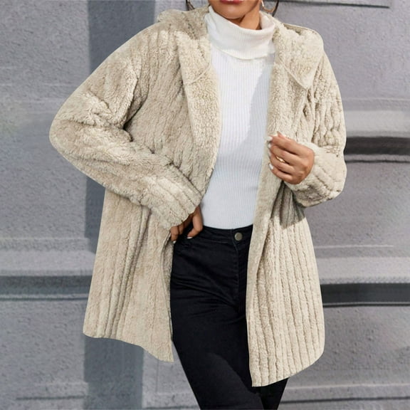 Xdegoge Women's Fuzzy Hooded Coat Lapel Collar Open Front Cardigan Sweaters Outwear Casual Cable Knit Long Sleeve Flannel Coats Sherpa Coat with Pockets with Hood Trendy Casual Winter Coat Beige XXL