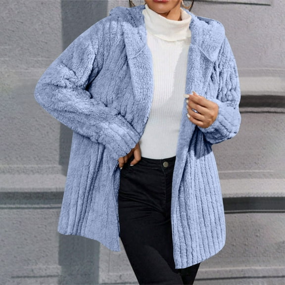 Xdegoge Women's Fuzzy Hooded Coat Lapel Collar Open Front Cardigan Sweaters Outwear Casual Cable Knit Long Sleeve Flannel Coats Sherpa Coat with Pockets with Hood Trendy Casual Winter Coat L