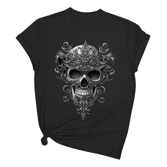 Xdegoge Women's Gothic Skull T-Shirt Floral Sugar Skull Graphic Tees Halloween Short Sleeve Crewneck Casual Fall Tops Vintage Spooky Holiday Shirts Punk Clothes