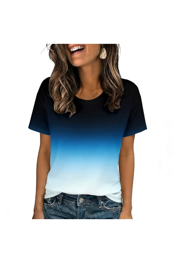 Women's Gradient Print T Shirts Short Sleeve Crew Neck Ombre Tops Casual Loose Fit Tees Soft Lightweight Summer Blouses Breathable for Gym Workout