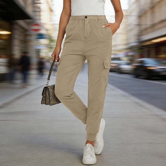 Xdegoge Women's High Waist Cargo Joggers Casual Tapered Leg Trousers Elastic Cuffs Outdoor Wear Utility Style Dailywear Solid Color Bottoms with Button Closure & Side Pockets