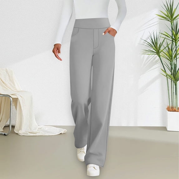 Xdegoge Women's High Waist Dress Pants Straight Leg Business Casual Trousers Elegant Flowy Office Workwear with Stretchy Waistband Solid Color Formal Bottoms