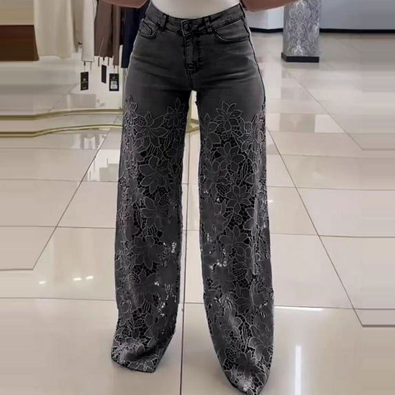 Xdegoge Women's High Waist Jeans Lace Patchwork Wide Leg Denim Pants Hollow Out Sheer Flower Baggy Pant Casual Elegant Stretch Trousers with Pockets
