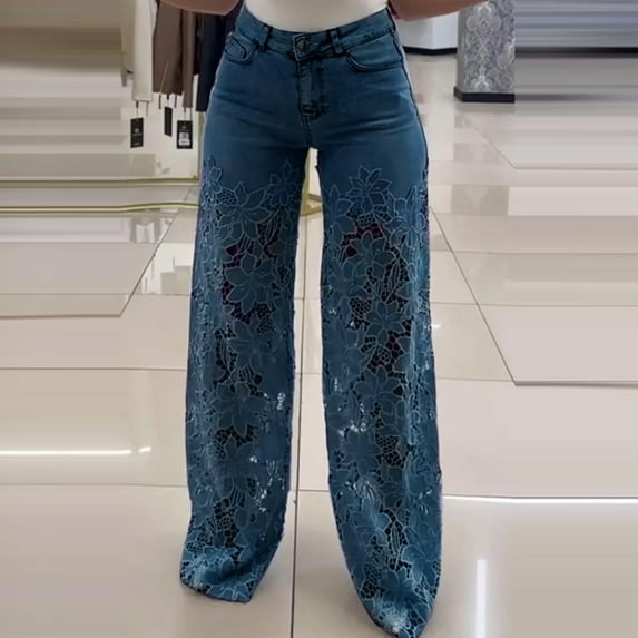 Xdegoge Women's High Waist Jeans Lace Patchwork Wide Leg Denim Pants Hollow Out Sheer Flower Baggy Pant Casual Elegant Stretch Trousers with Pockets