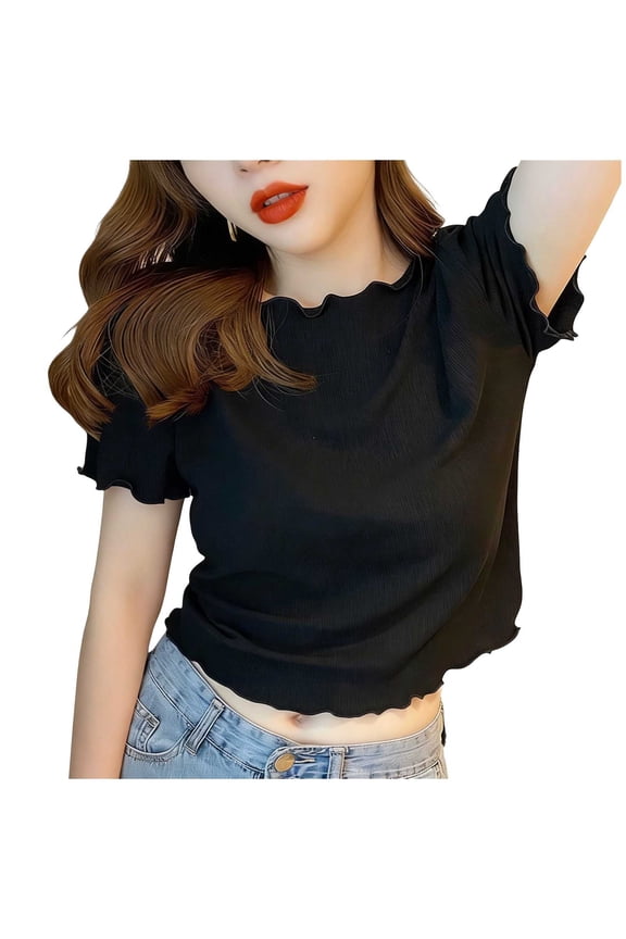 Women's Lettuce Trim Mock Neck T Shirts Short Sleeve Ruffle Hem Crop Tops Slim Fit Casual Basic Tees Soft Lightweight Stretchy Blouses for Summer Club