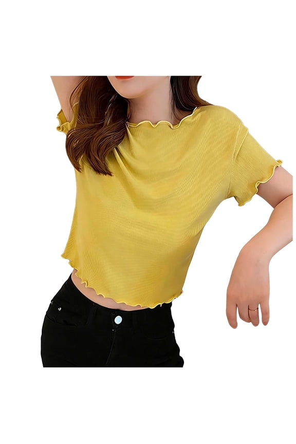 Women's Lettuce Trim Mock Neck T Shirts Short Sleeve Ruffle Hem Crop Tops Slim Fit Casual Basic Tees Soft Lightweight Stretchy Blouses for Summer Club