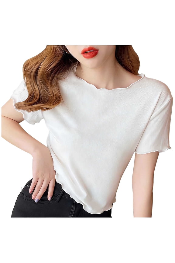Women's Lettuce Trim Mock Neck T Shirts Short Sleeve Ruffle Hem Crop Tops Slim Fit Casual Basic Tees Soft Lightweight Stretchy Blouses for Summer Club