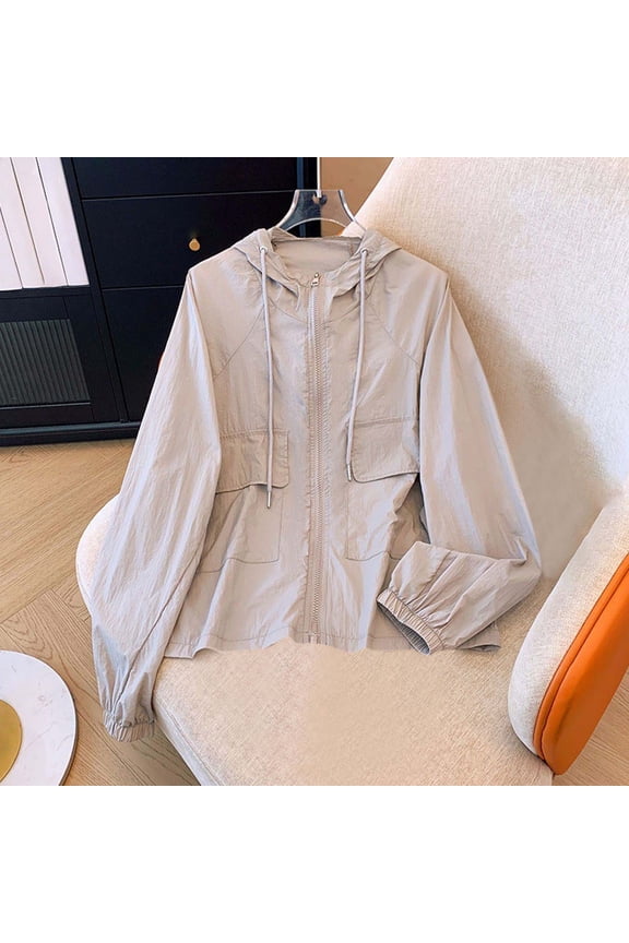 Women's Lightweight Hooded Windbreaker Loose Fit Full Zip Sun Protection Jacket Cargo Pocket Quick-Dry Outdoor Activewear